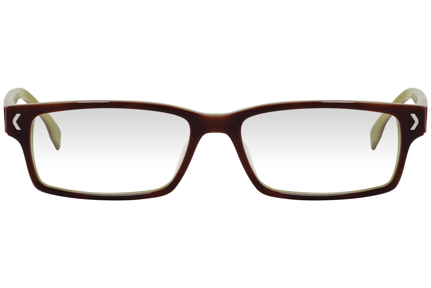 kiss & kill rectangle brown eyeglasses frame viewed from front angle.