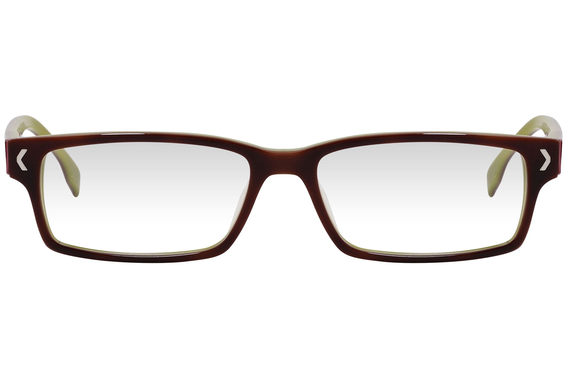 kiss & kill rectangle brown eyeglasses frame viewed from front angle.