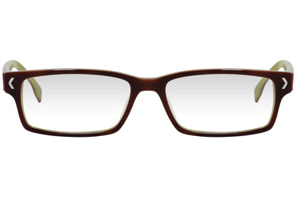 kiss & kill rectangle brown eyeglasses frame viewed from front angle.