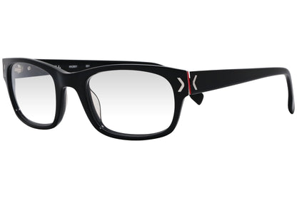 kiss & kill wayfarer black eyeglasses frame viewed from a 45-degree angle.