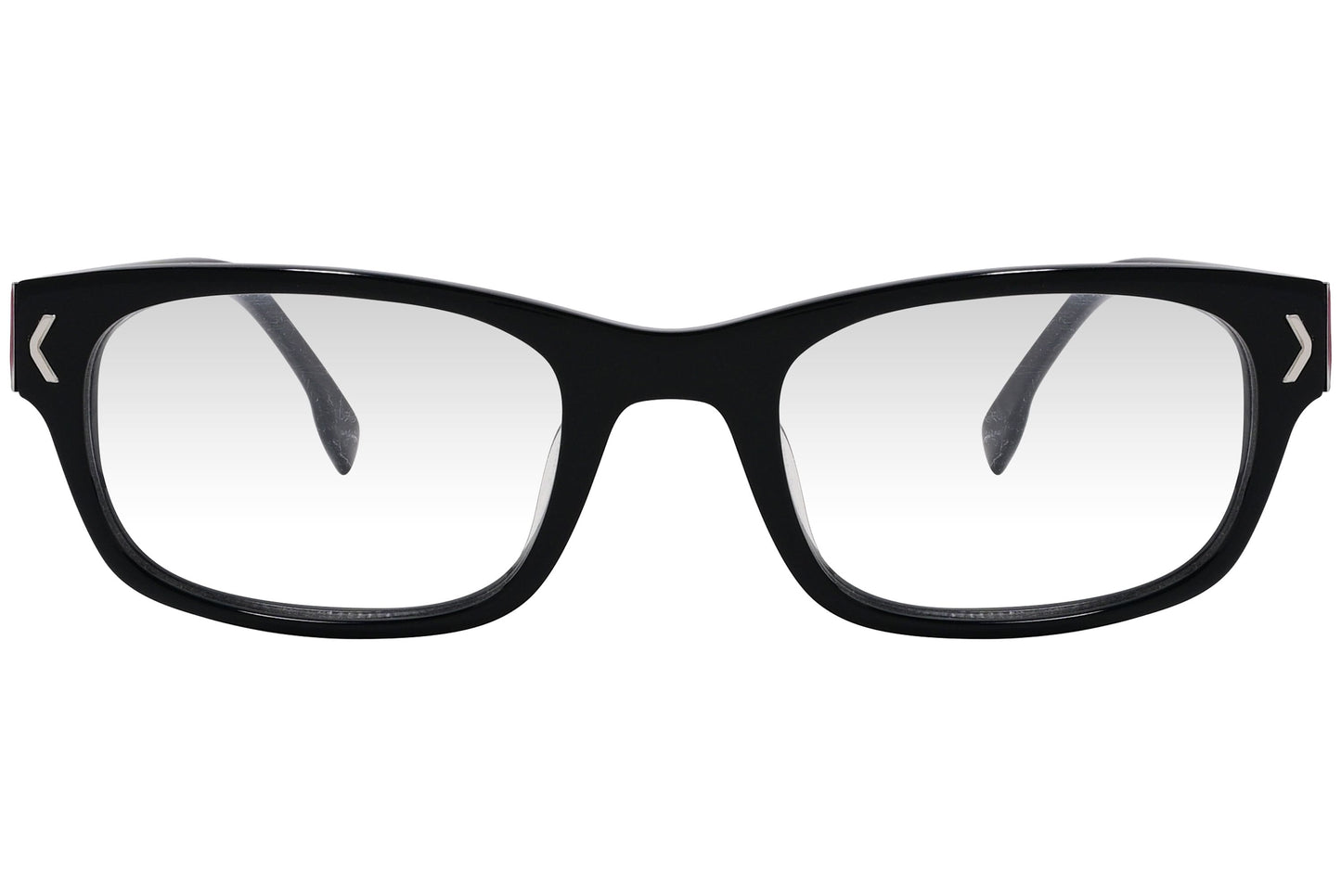 kiss & kill wayfarer black eyeglasses frame viewed from front angle.