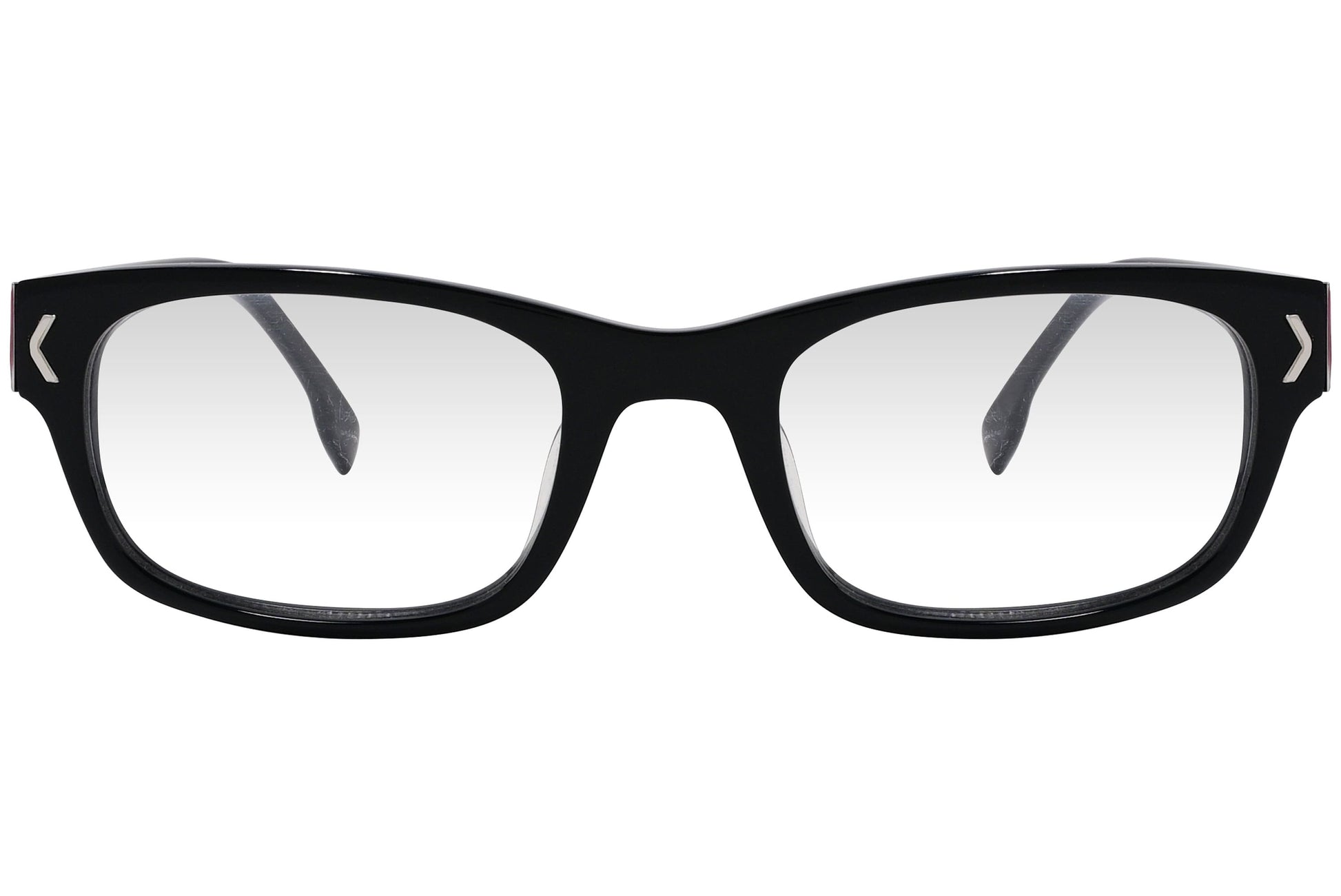 kiss & kill wayfarer black eyeglasses frame viewed from front angle.