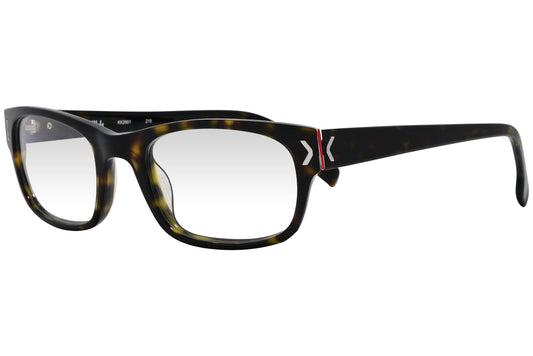 kiss & kill rectangle tortoise eyeglasses frame viewed from a 45-degree angle.