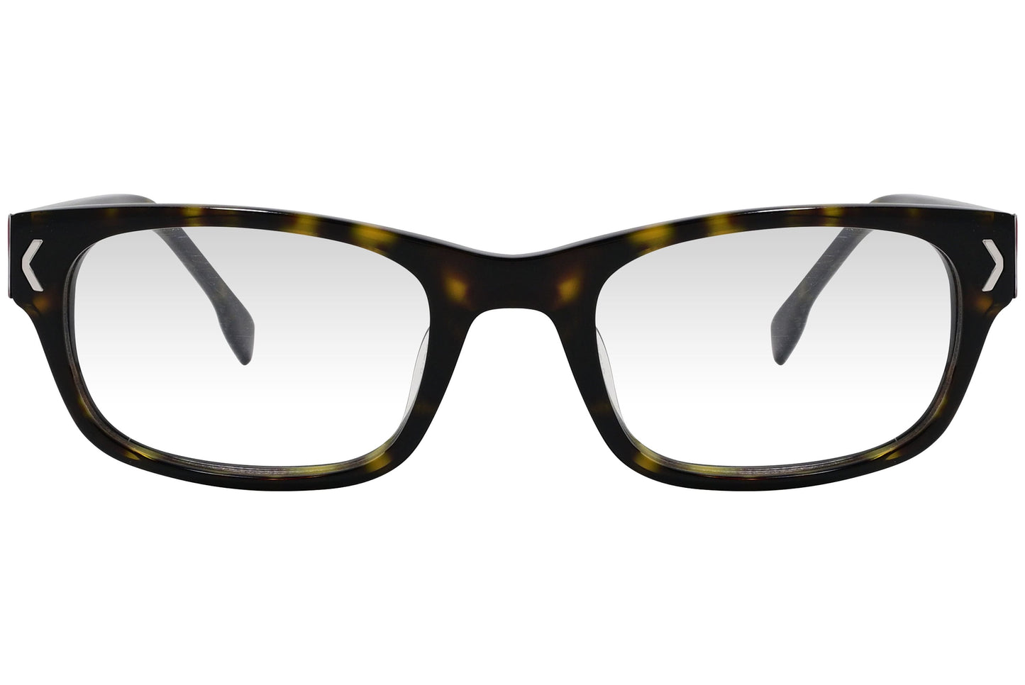 kiss & kill rectangle tortoise eyeglasses frame viewed from front angle.