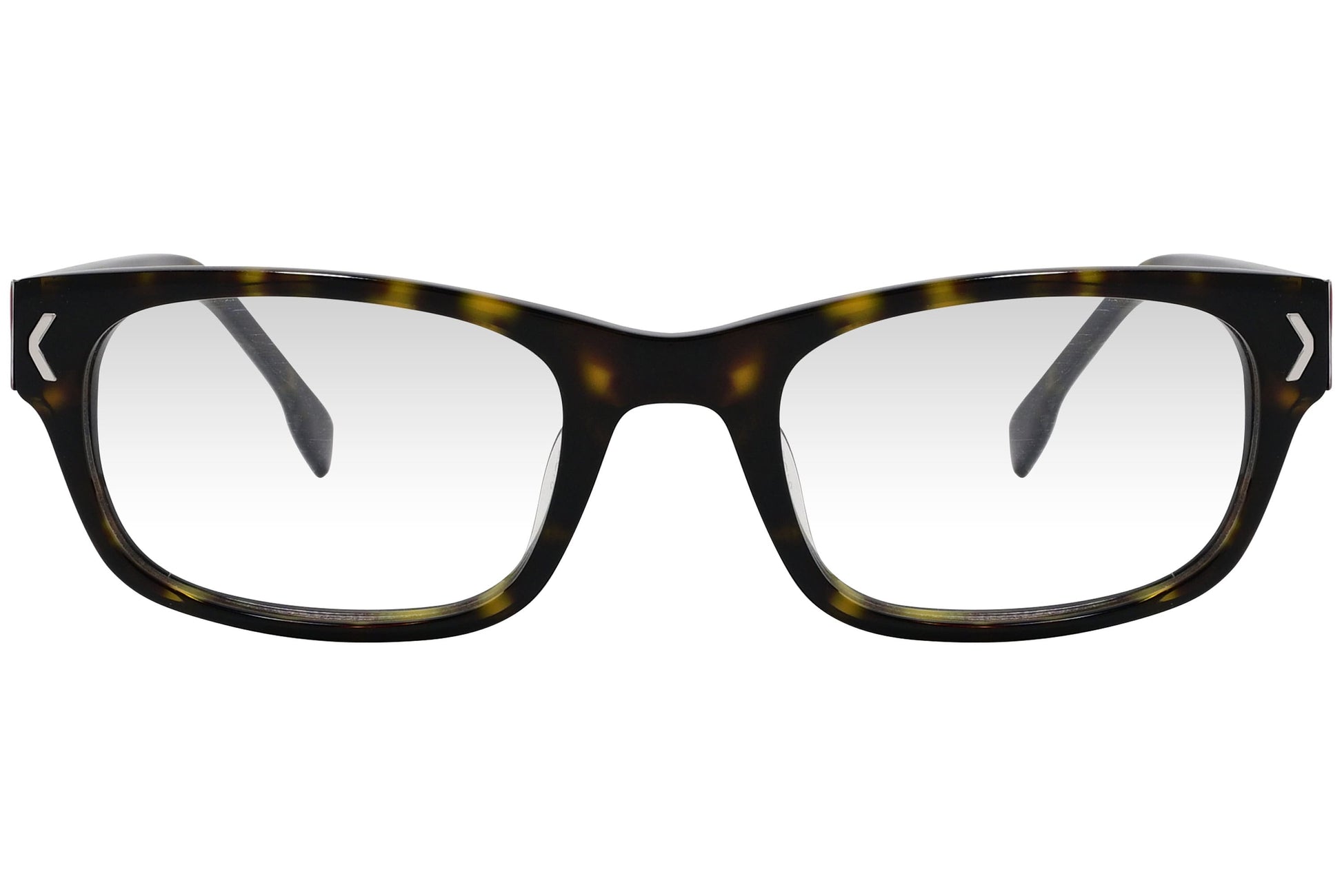 kiss & kill rectangle tortoise eyeglasses frame viewed from front angle.