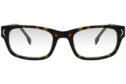 kiss & kill rectangle tortoise eyeglasses frame viewed from front angle.