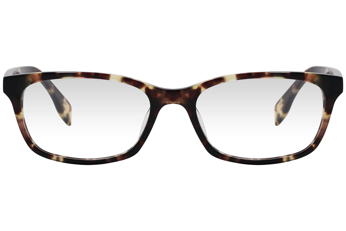 kiss & kill wayfarer tortoise eyeglasses frame viewed from front angle.