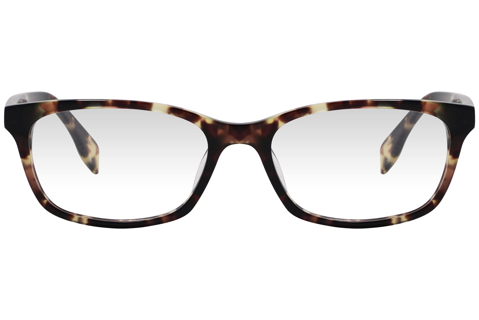 kiss & kill wayfarer tortoise eyeglasses frame viewed from front angle.