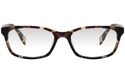 kiss & kill wayfarer tortoise eyeglasses frame viewed from front angle.