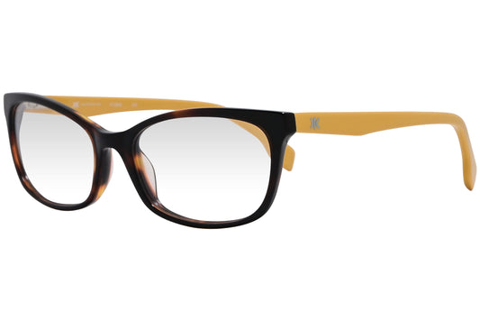 kiss & kill rectangle yellow eyeglasses frame viewed from a 45-degree angle.