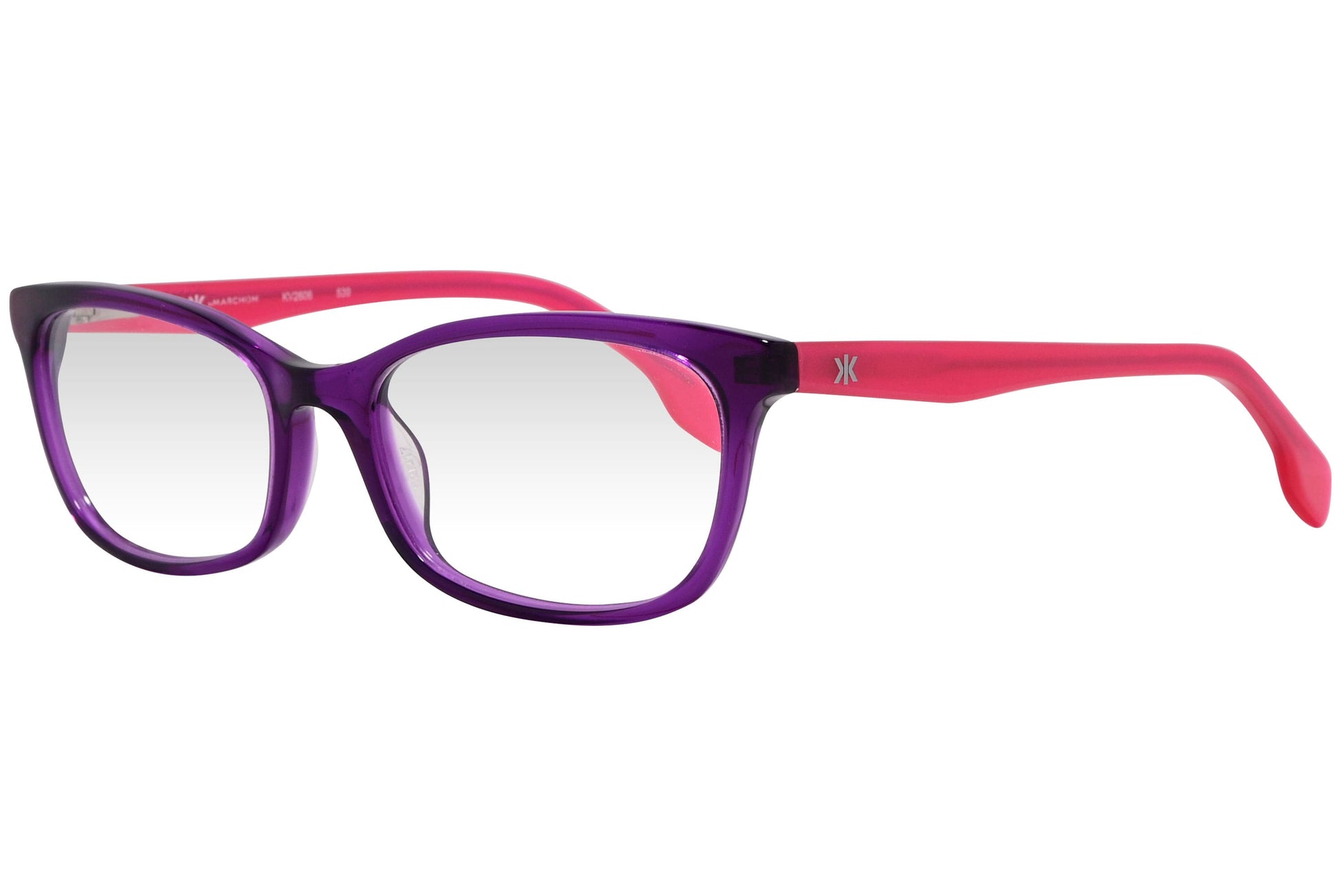 kiss & kill rectangle purple eyeglasses frame viewed from a 45-degree angle.