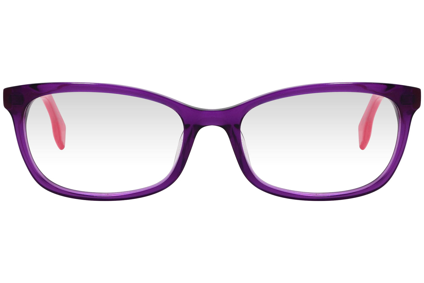 kiss & kill rectangle purple eyeglasses frame viewed from front angle.