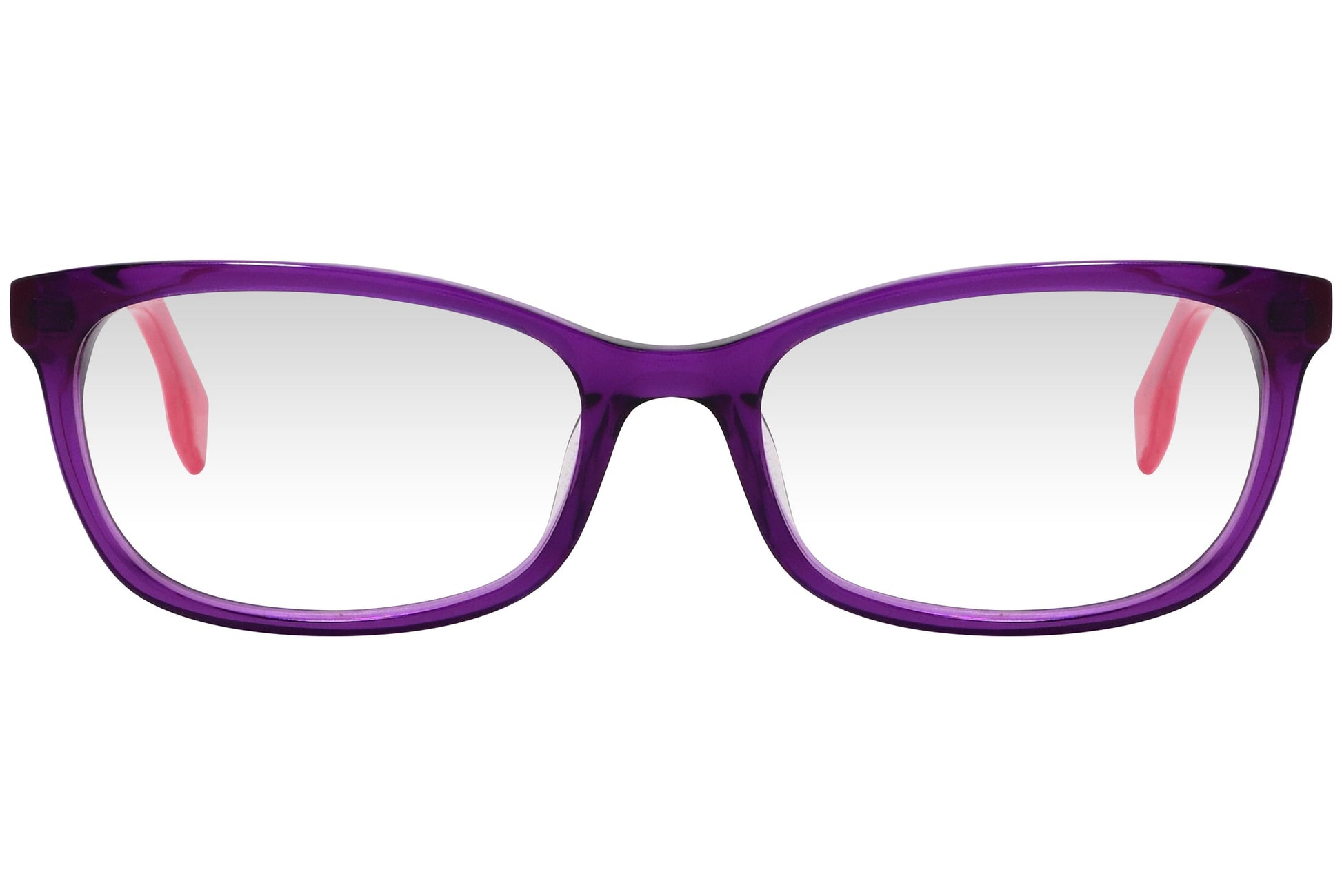 kiss & kill rectangle purple eyeglasses frame viewed from front angle.