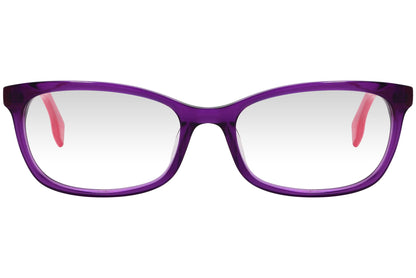 kiss & kill rectangle purple eyeglasses frame viewed from front angle.