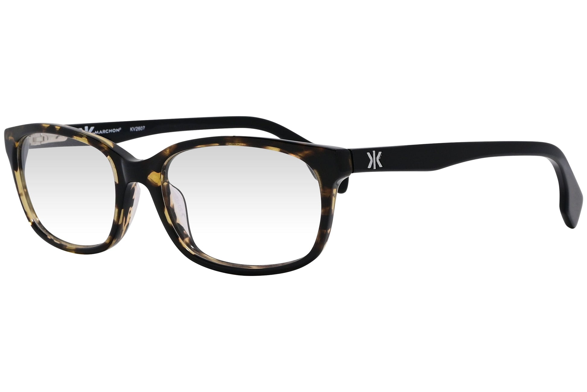 kiss & kill rectangle tortoise eyeglasses frame viewed from a 45-degree angle.