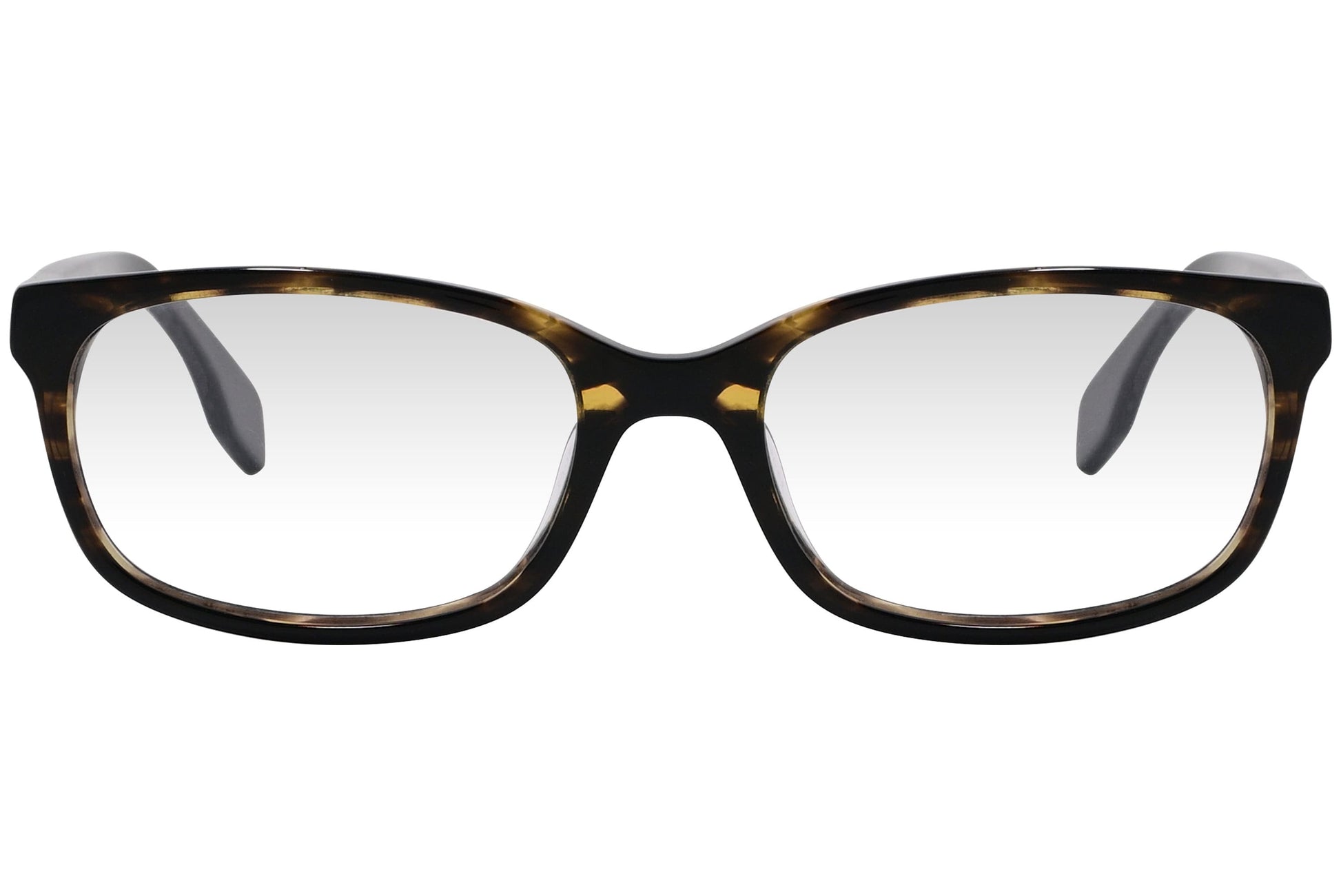 kiss & kill rectangle tortoise eyeglasses frame viewed from front angle.