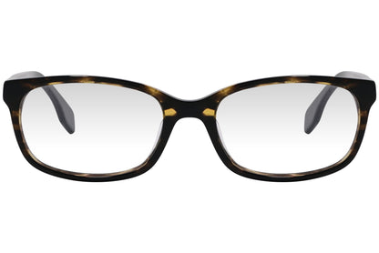 kiss & kill rectangle tortoise eyeglasses frame viewed from front angle.