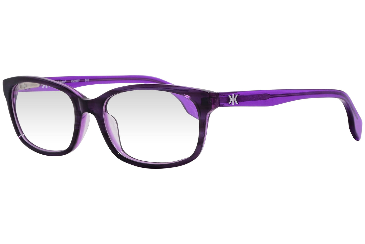 kiss & kill rectangle violet eyeglasses frame viewed from a 45-degree angle.