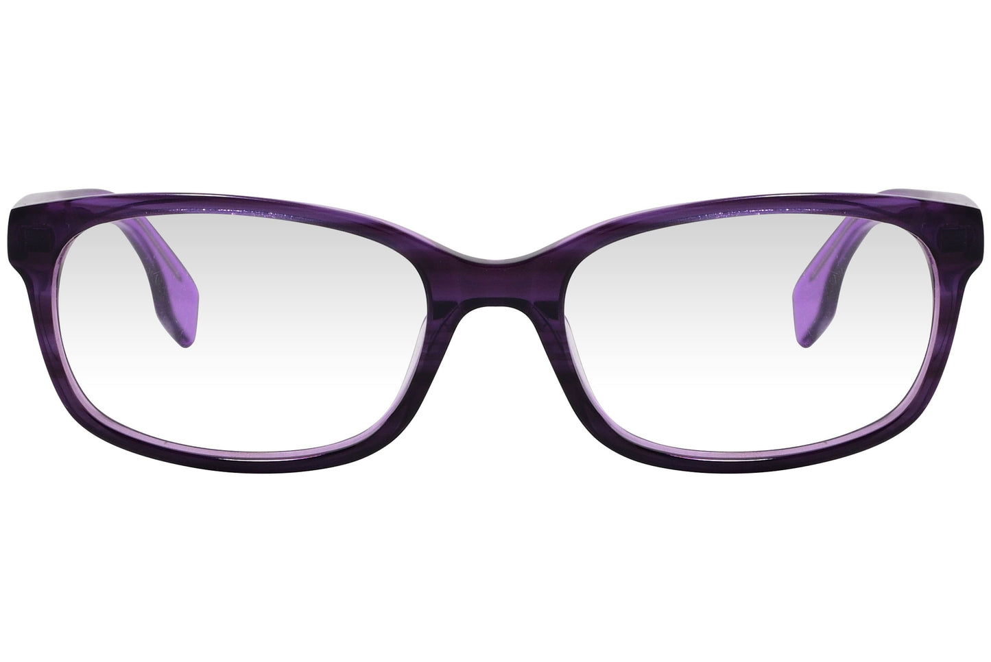 kiss & kill rectangle violet eyeglasses frame viewed from front angle.