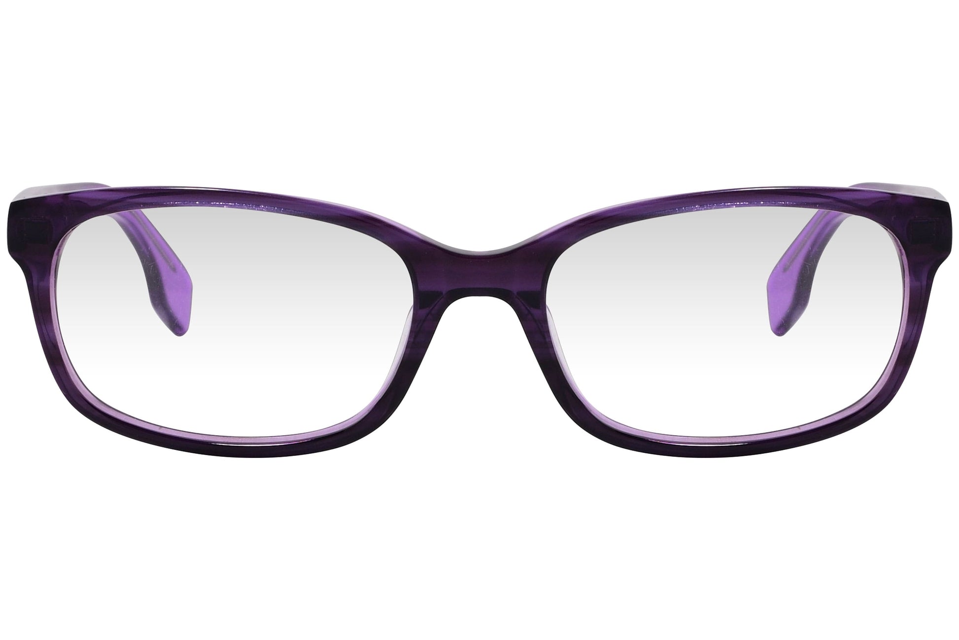 kiss & kill rectangle violet eyeglasses frame viewed from front angle.