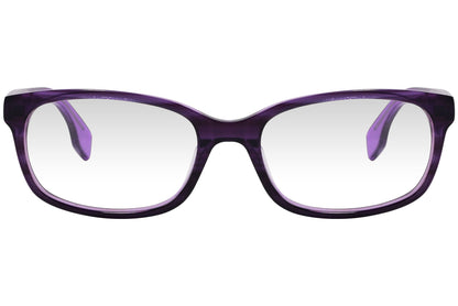 kiss & kill rectangle violet eyeglasses frame viewed from front angle.