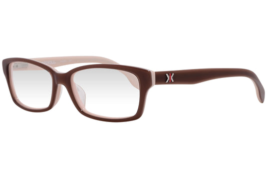 kiss & kill rectangle brown eyeglasses frame viewed from a 45-degree angle.