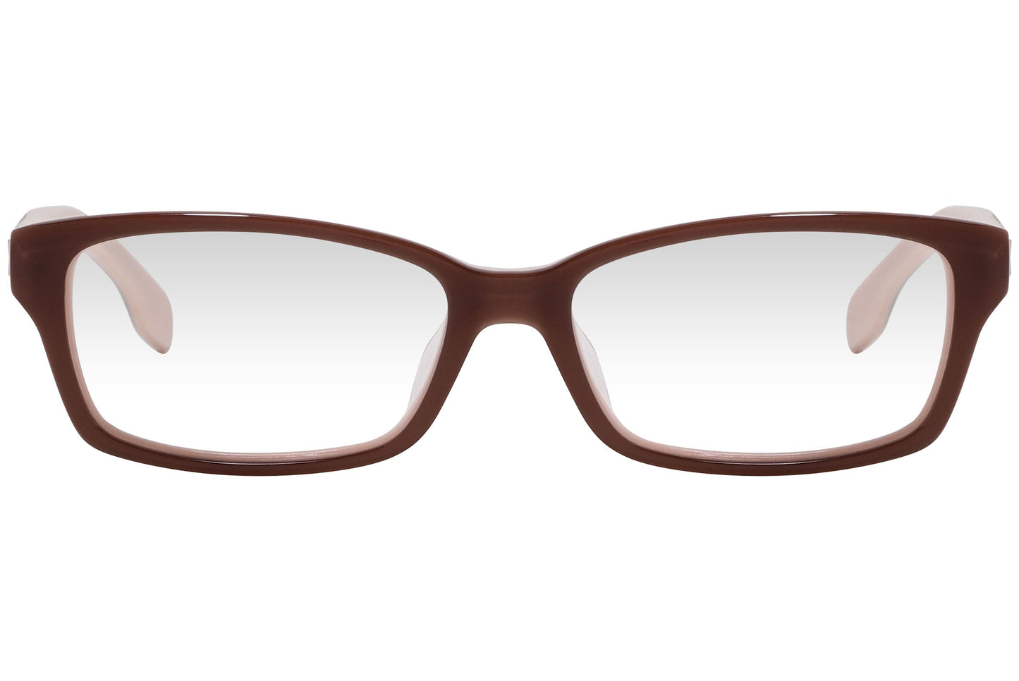 kiss & kill rectangle brown eyeglasses frame viewed from front angle.