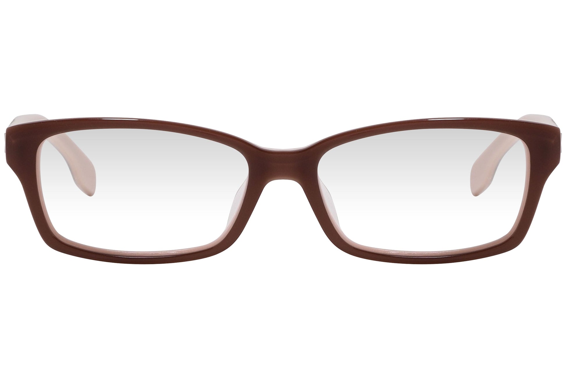 kiss & kill rectangle brown eyeglasses frame viewed from front angle.