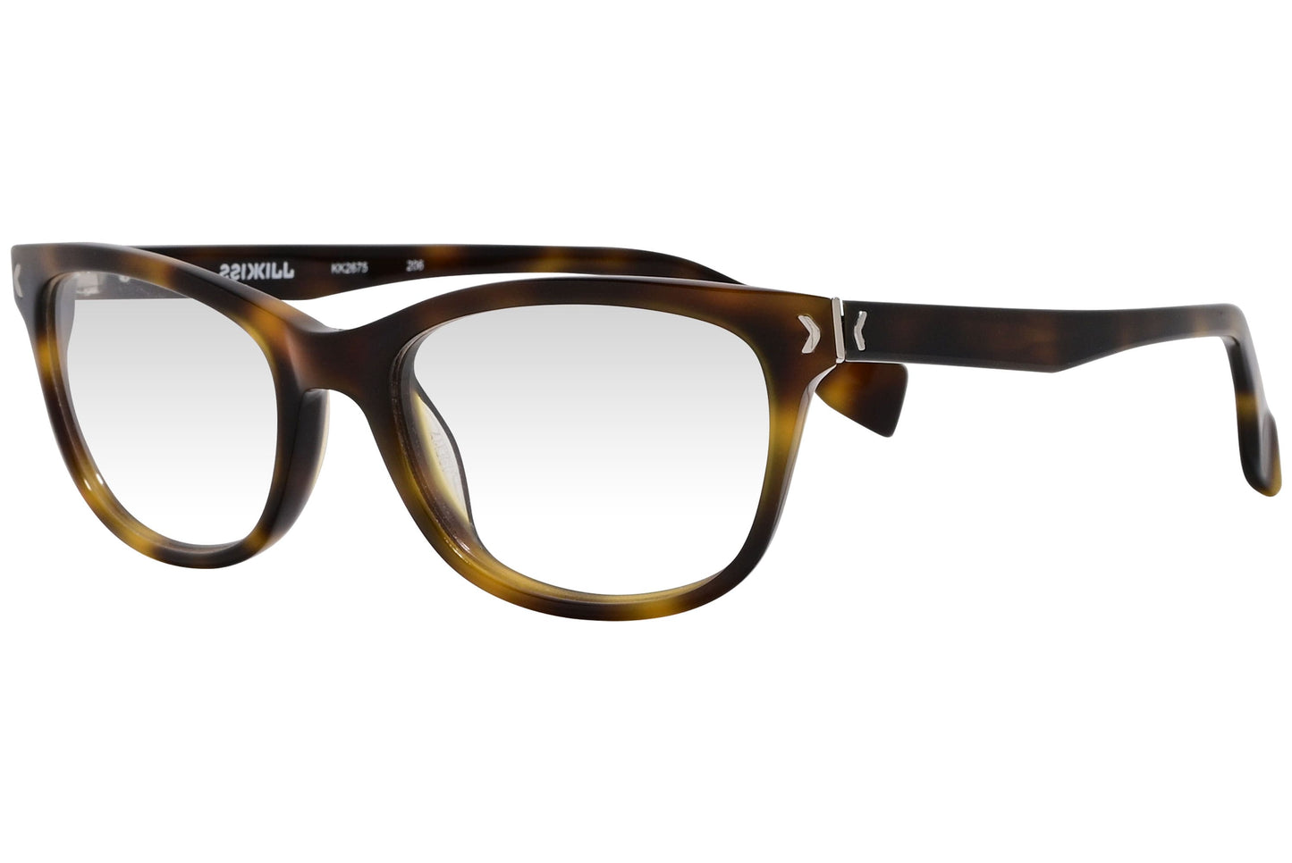 kiss & kill oval tortoise eyeglasses frame viewed from a 45-degree angle.