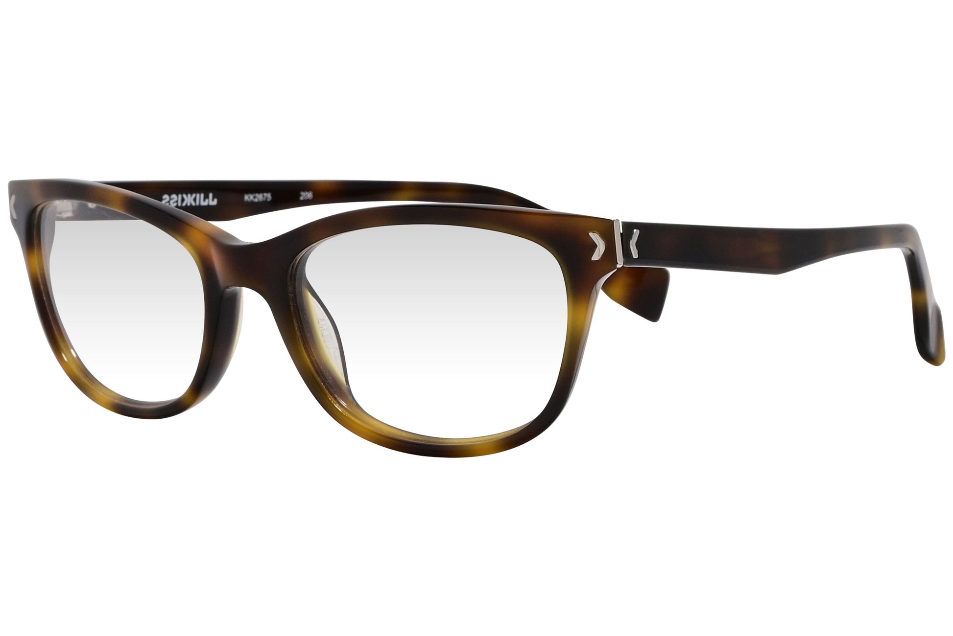 kiss & kill oval tortoise eyeglasses frame viewed from a 45-degree angle.