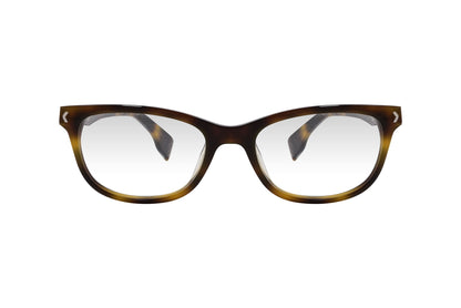 kiss & kill oval tortoise eyeglasses frame viewed from front angle.