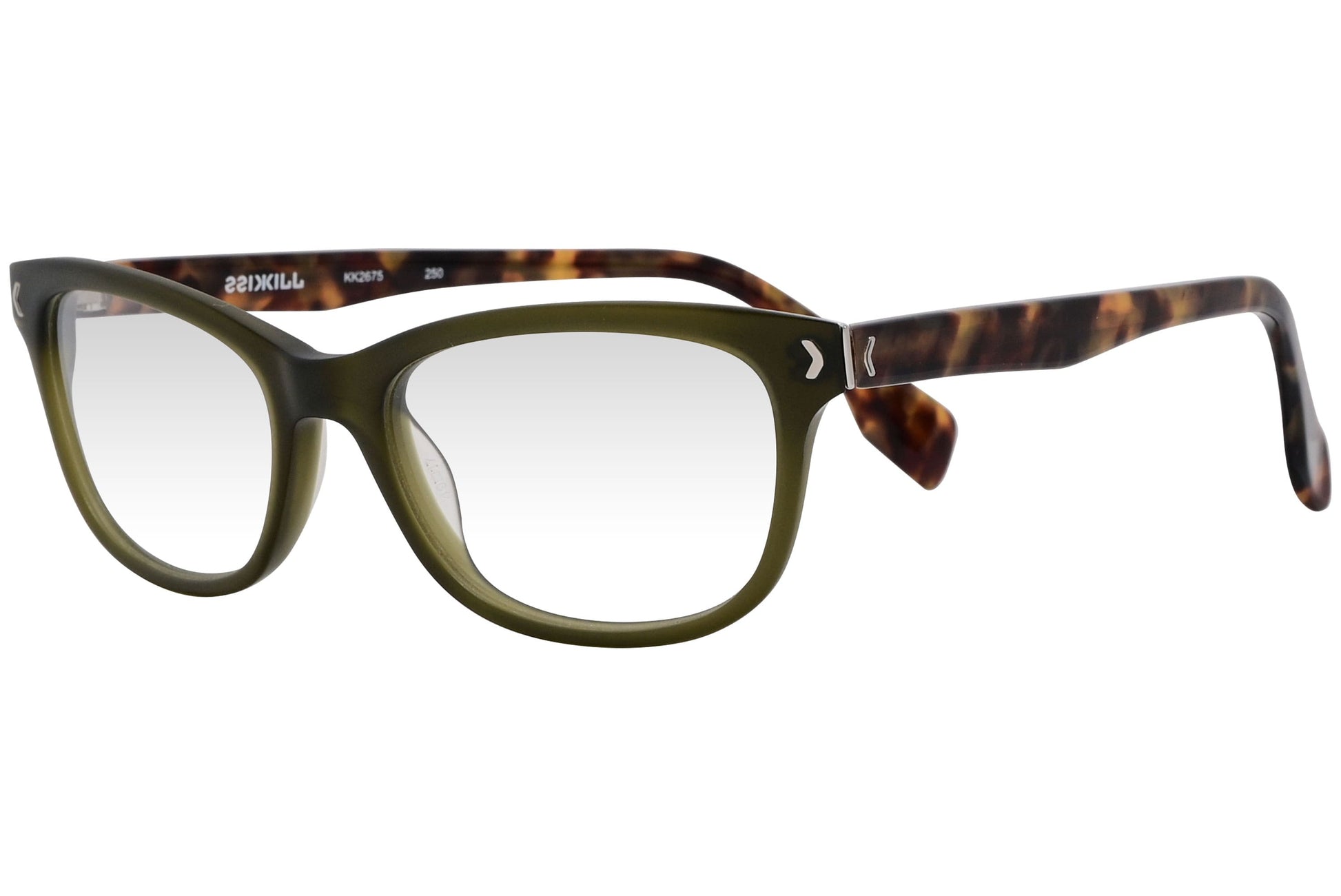 kiss & kill rectangle green eyeglasses frame viewed from a 45-degree angle.