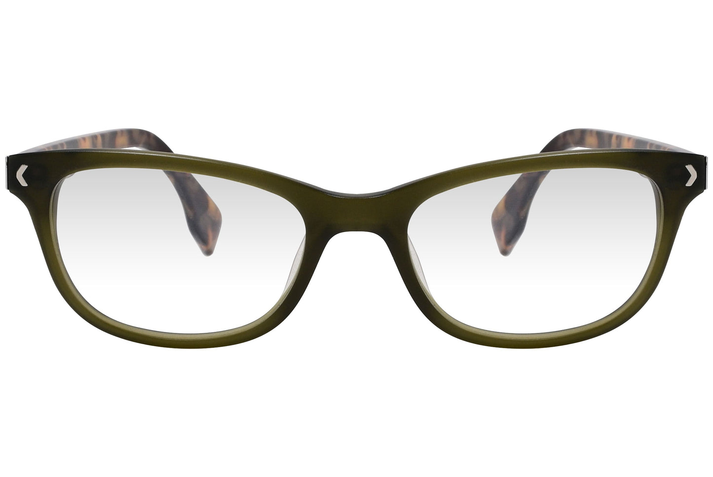 kiss & kill rectangle green eyeglasses frame viewed from front angle.