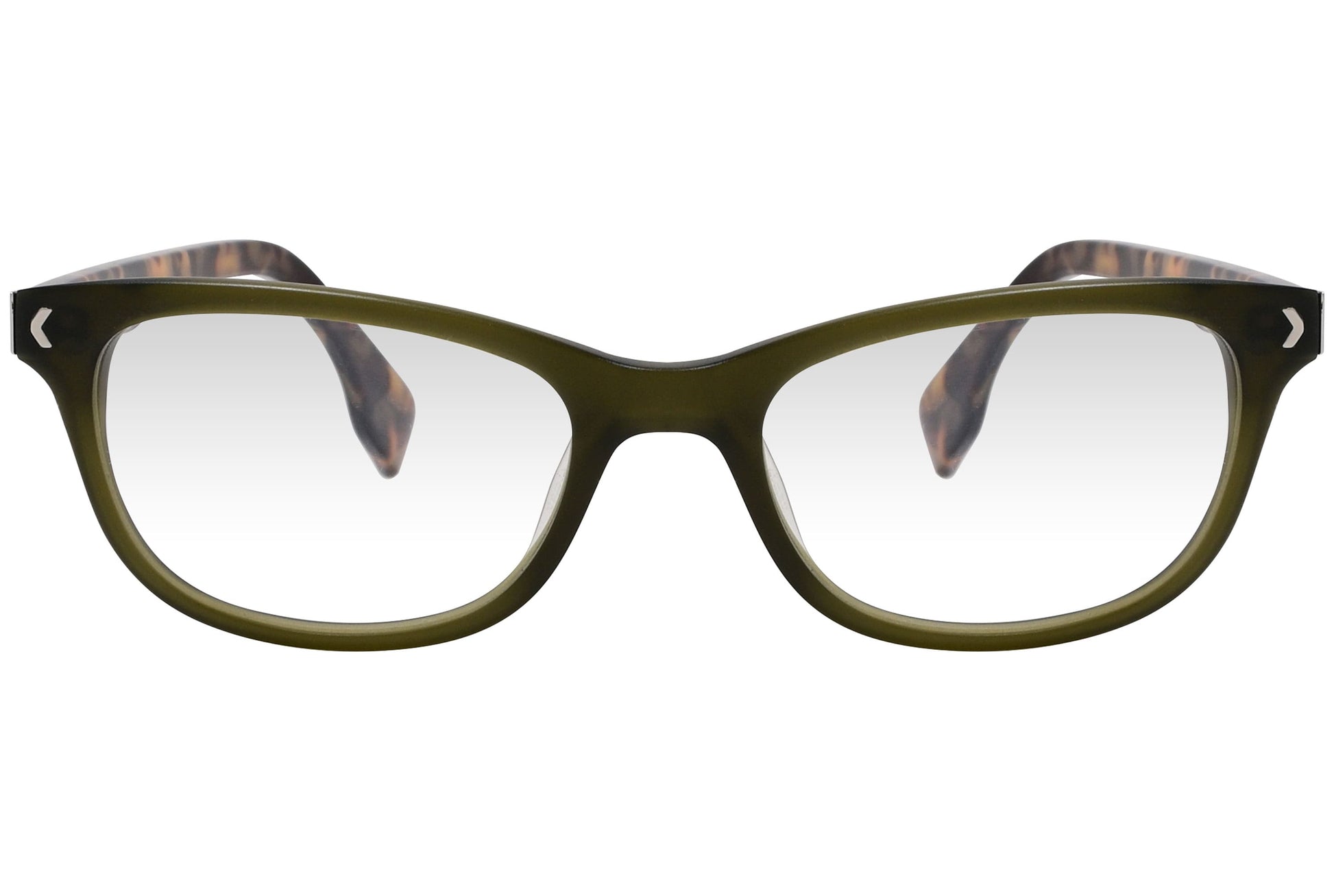 kiss & kill rectangle green eyeglasses frame viewed from front angle.