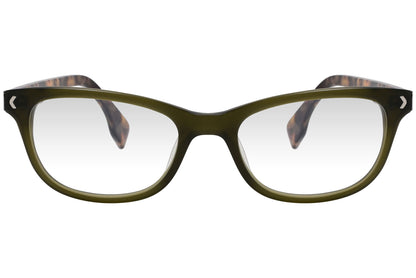 kiss & kill rectangle green eyeglasses frame viewed from front angle.