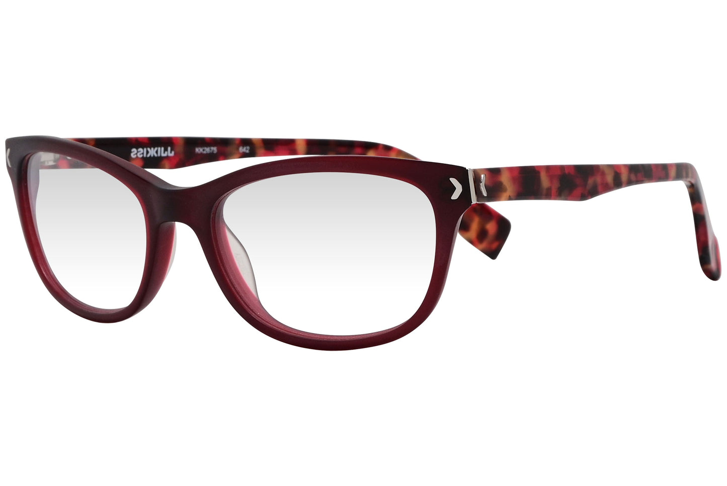 kiss & kill rectangle red eyeglasses frame viewed from a 45-degree angle.