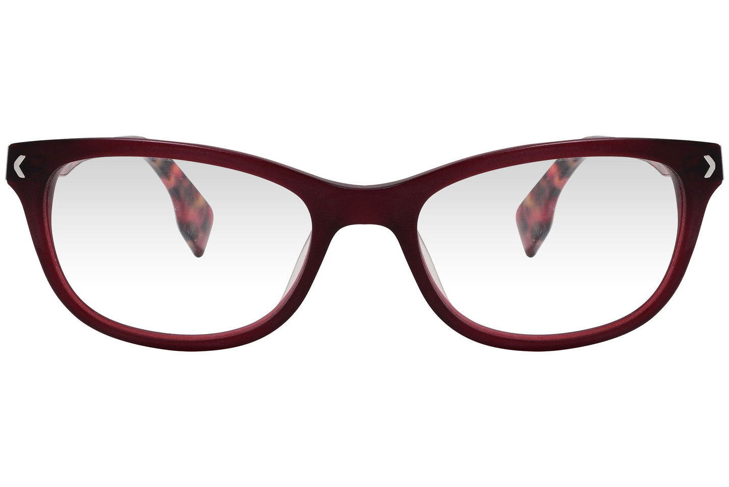 kiss & kill rectangle red eyeglasses frame viewed from front angle.