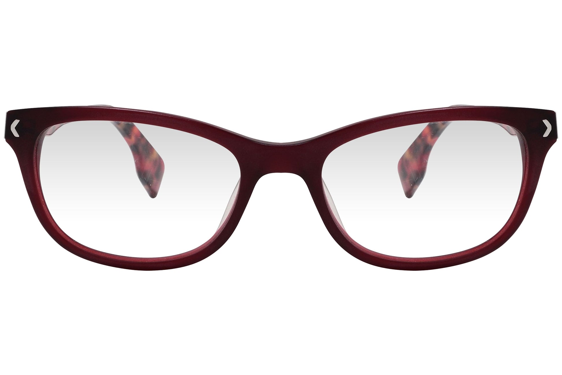 kiss & kill rectangle red eyeglasses frame viewed from front angle.