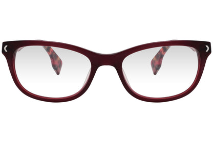 kiss & kill rectangle red eyeglasses frame viewed from front angle.