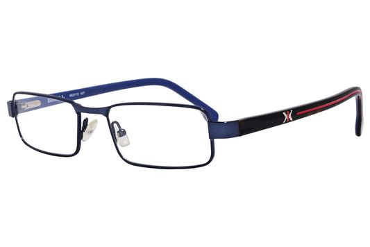 kisskill rectangle blue and black eyeglasses frame viewed from a 45-degree angle.