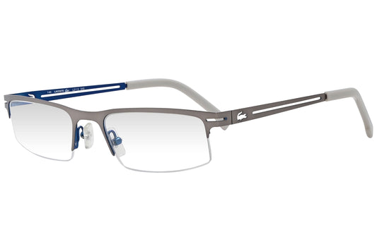 lacoste rectangle gray eyeglasses frame viewed from a 45-degree angle.