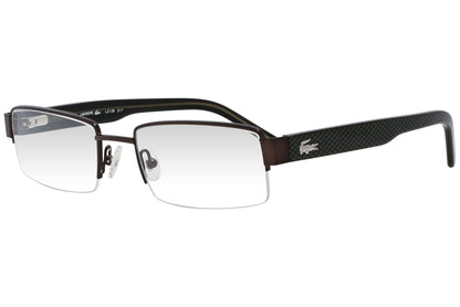 lacoste rectangle brown eyeglasses frame viewed from a 45-degree angle.