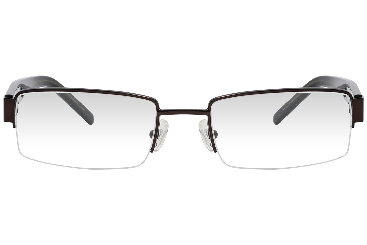 lacoste rectangle brown eyeglasses frame viewed from front angle.