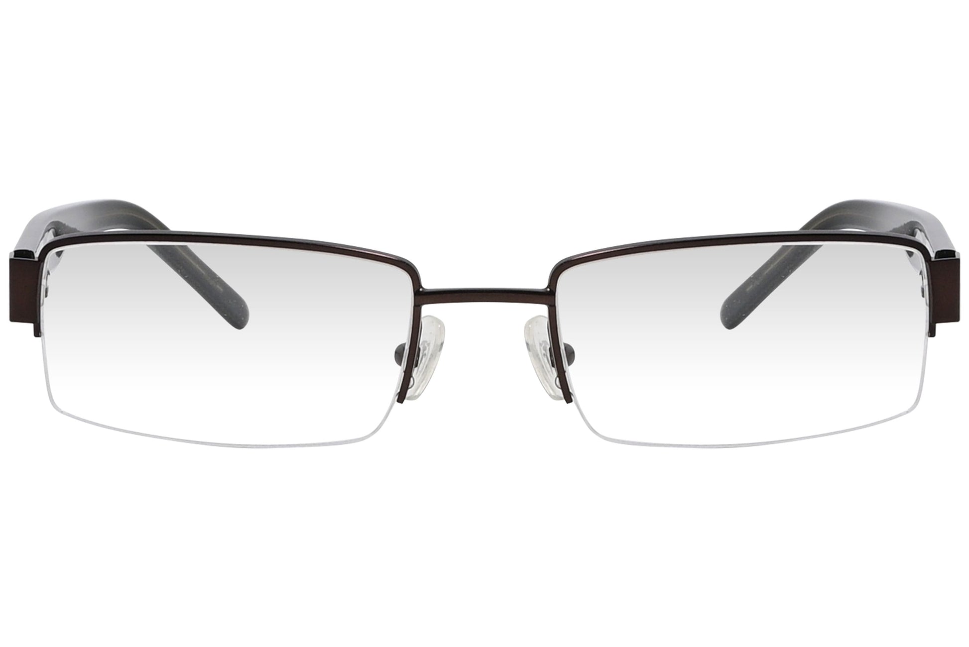 lacoste rectangle brown eyeglasses frame viewed from front angle.