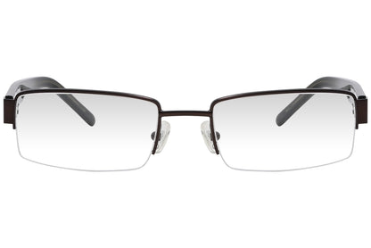 lacoste rectangle brown eyeglasses frame viewed from front angle.