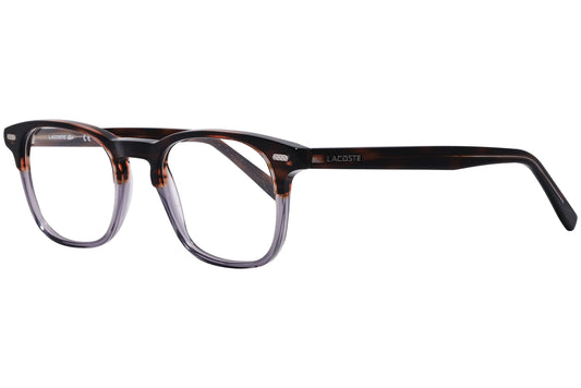 lacoste browline brown eyeglasses frame viewed from a 45-degree angle.