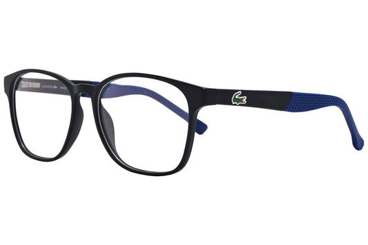 lacoste rectangle black with blue eyeglasses frame viewed from a 45-degree angle.