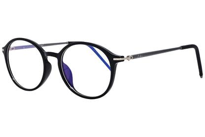 likii round black with blue eyeglasses frame viewed from a 45-degree angle.