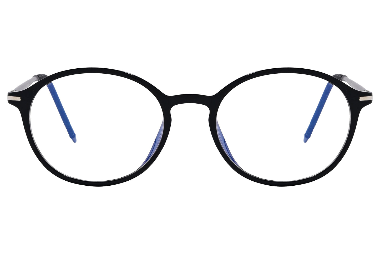 likii round black with blue eyeglasses frame viewed from front angle.