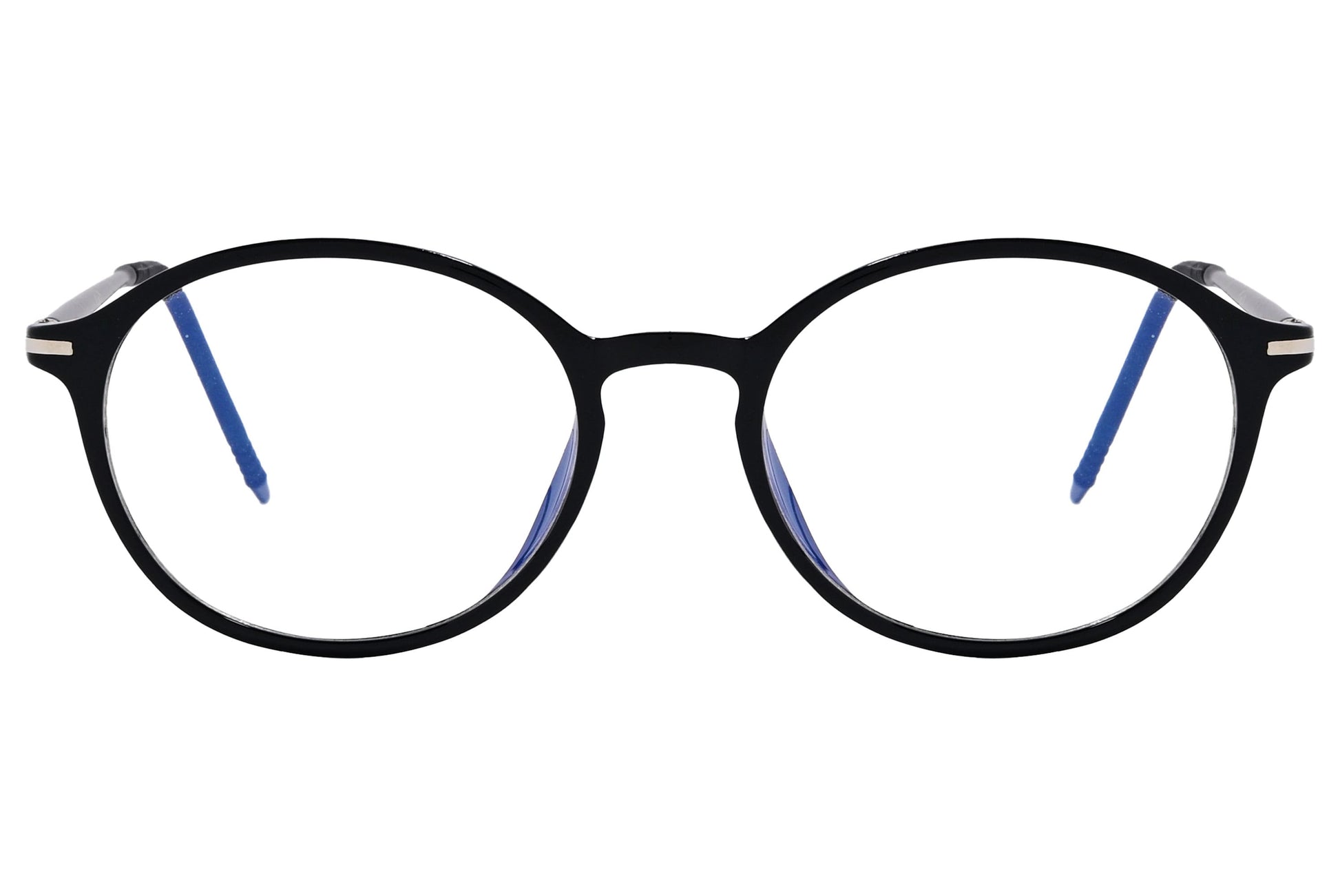 likii round black with blue eyeglasses frame viewed from front angle.